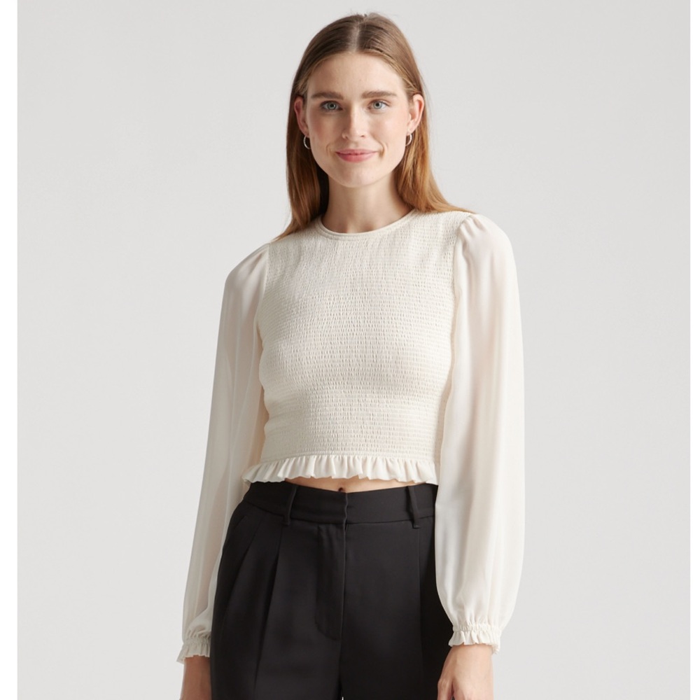 Quince Chiffon Cropped Smocked Blouse